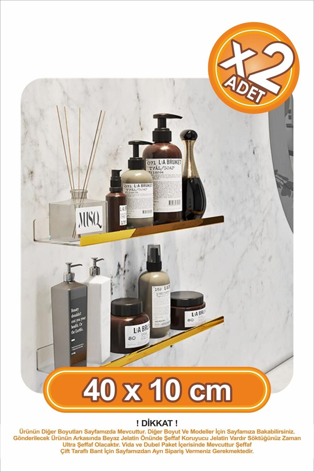 Gold Şeritli x2 Adet 40x10 cm Banyo Duvar Baharatlık Düzenleyici Raf Çok Amaçlı Duvar Rafı