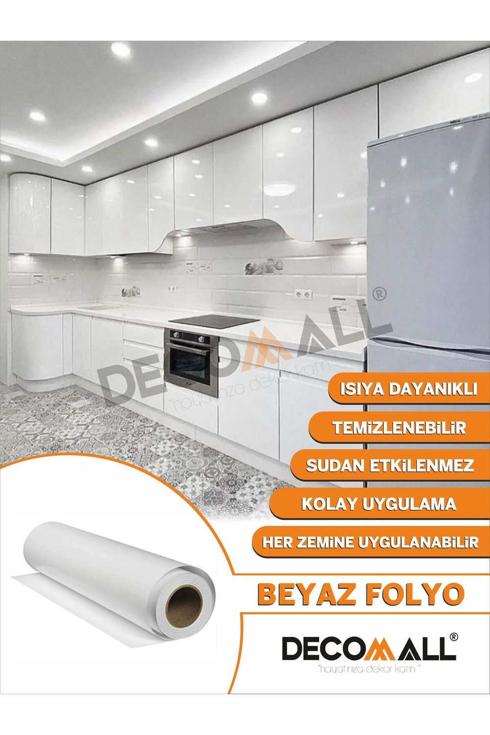 İSTEDİĞİNİZ ÖLÇÜDE PARLAK BEYAZ DOLAP ZEMİN FAYANS MOBİLYA KENİNDEN YAPIŞKANLI FOLYO KAPLAMAbb