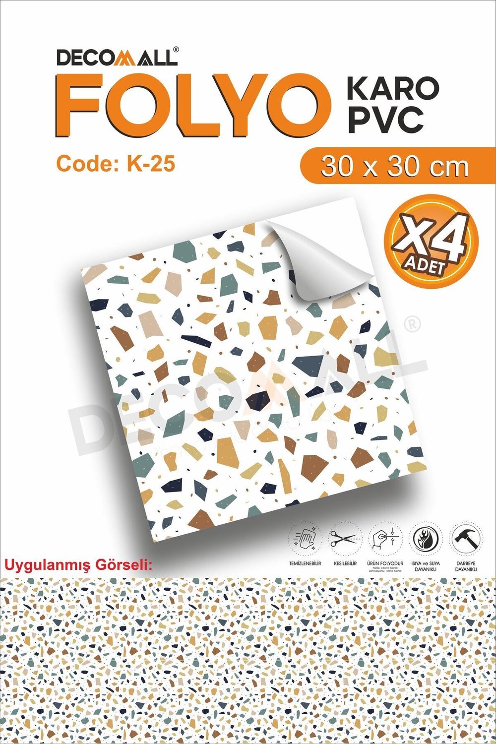 K-25 Kendinden Yapışkanlı FOLYO KARO Suya Dayanıklı Mutfak Banyo Zemin Kaplama 30x30 Cm(4 ADET)