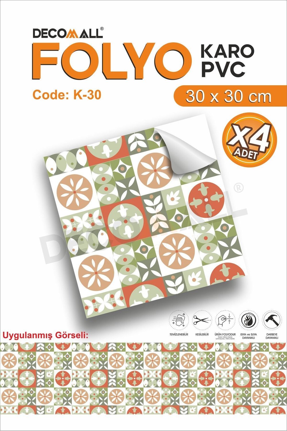K-30 Kendinden Yapışkanlı FOLYO Suya Dayanıklı Mutfak Banyo Zemin Kaplama 30x30cm (Laminasyonlu)