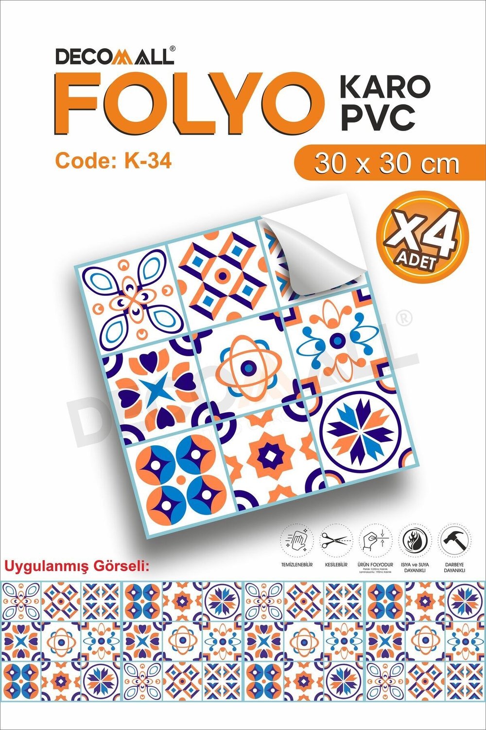 K-34 Kendinden Yapışkanlı FOLYO KARO Suya Dayanıklı Mutfak Banyo Zemin Kaplama 30x30 Cm(4 ADET)