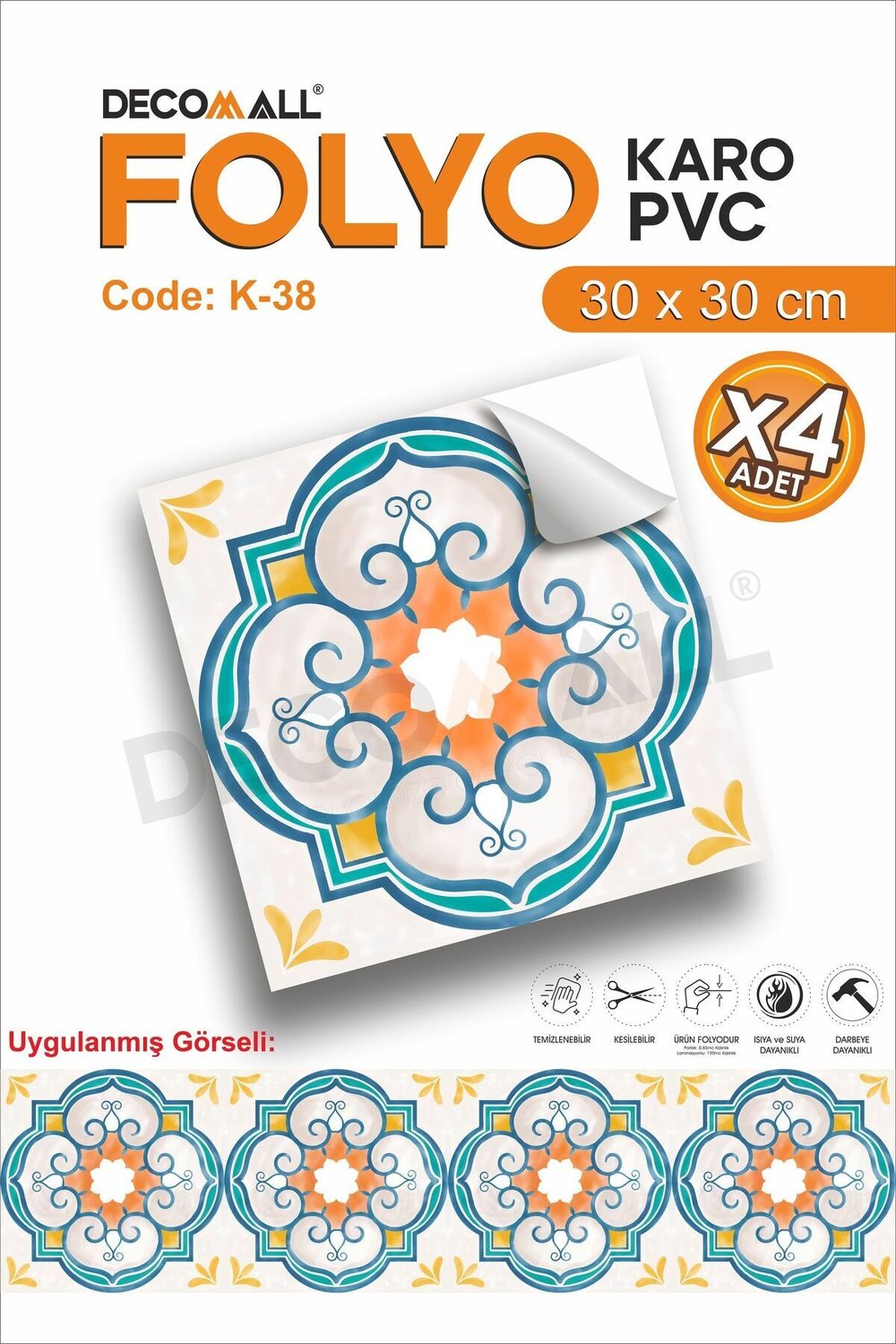 K-38 Kendinden Yapışkanlı FOLYO Suya Dayanıklı Mutfak Banyo Zemin Kaplama 30x30cm (Laminasyonlu)