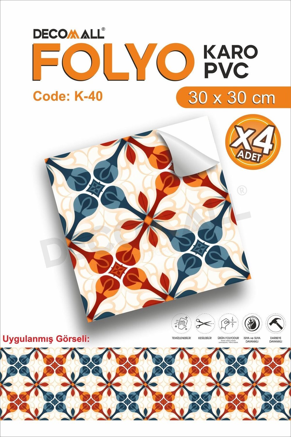 K-40 Kendinden Yapışkanlı FOLYO KARO Suya Dayanıklı Mutfak Banyo Zemin Kaplama 30x30 Cm(4 ADET)