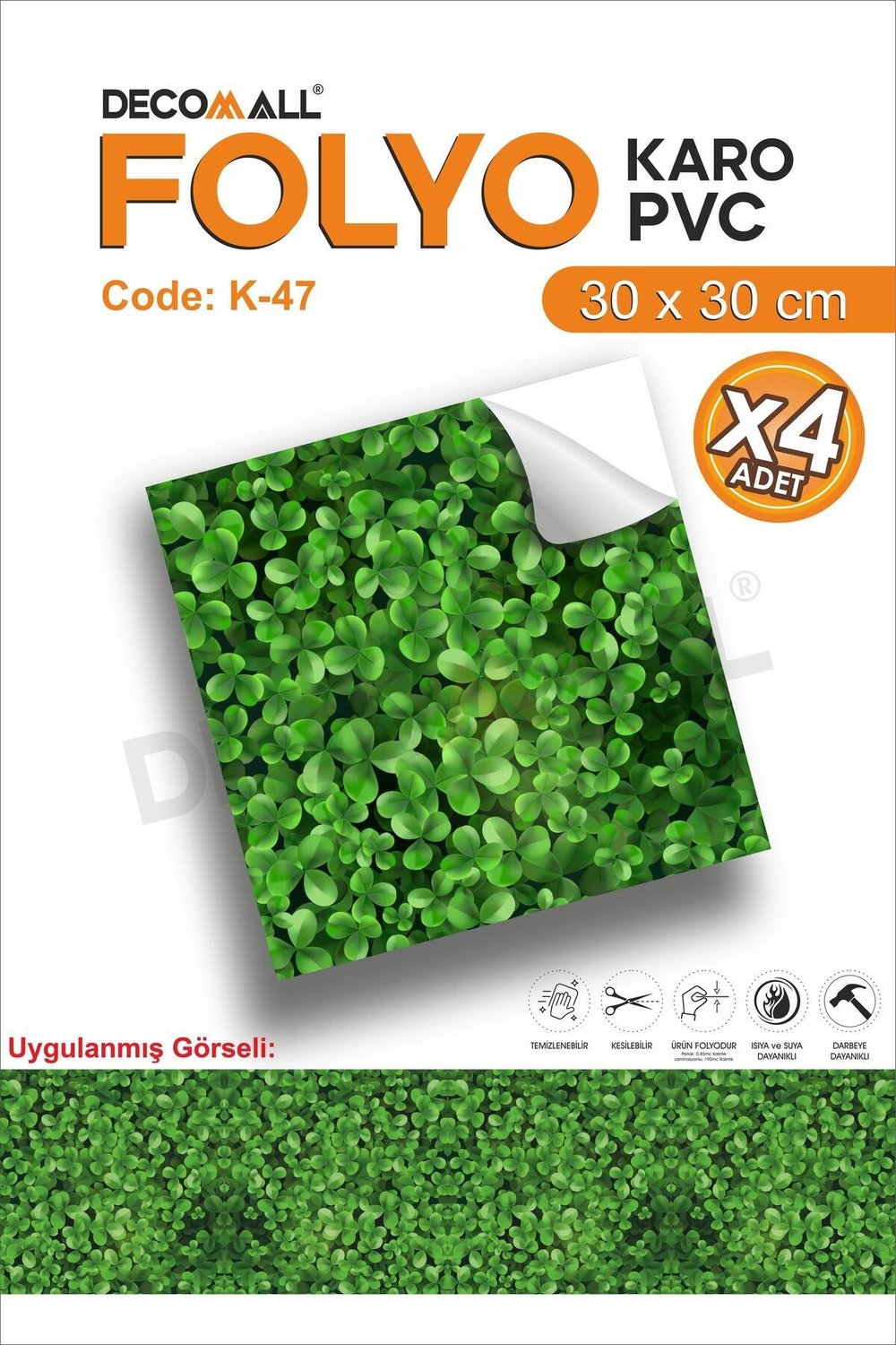 K-47 Kendinden Yapışkanlı FOLYO KARO Suya Dayanıklı Mutfak Banyo Zemin Kaplama 30x30 Cm(4 ADET)