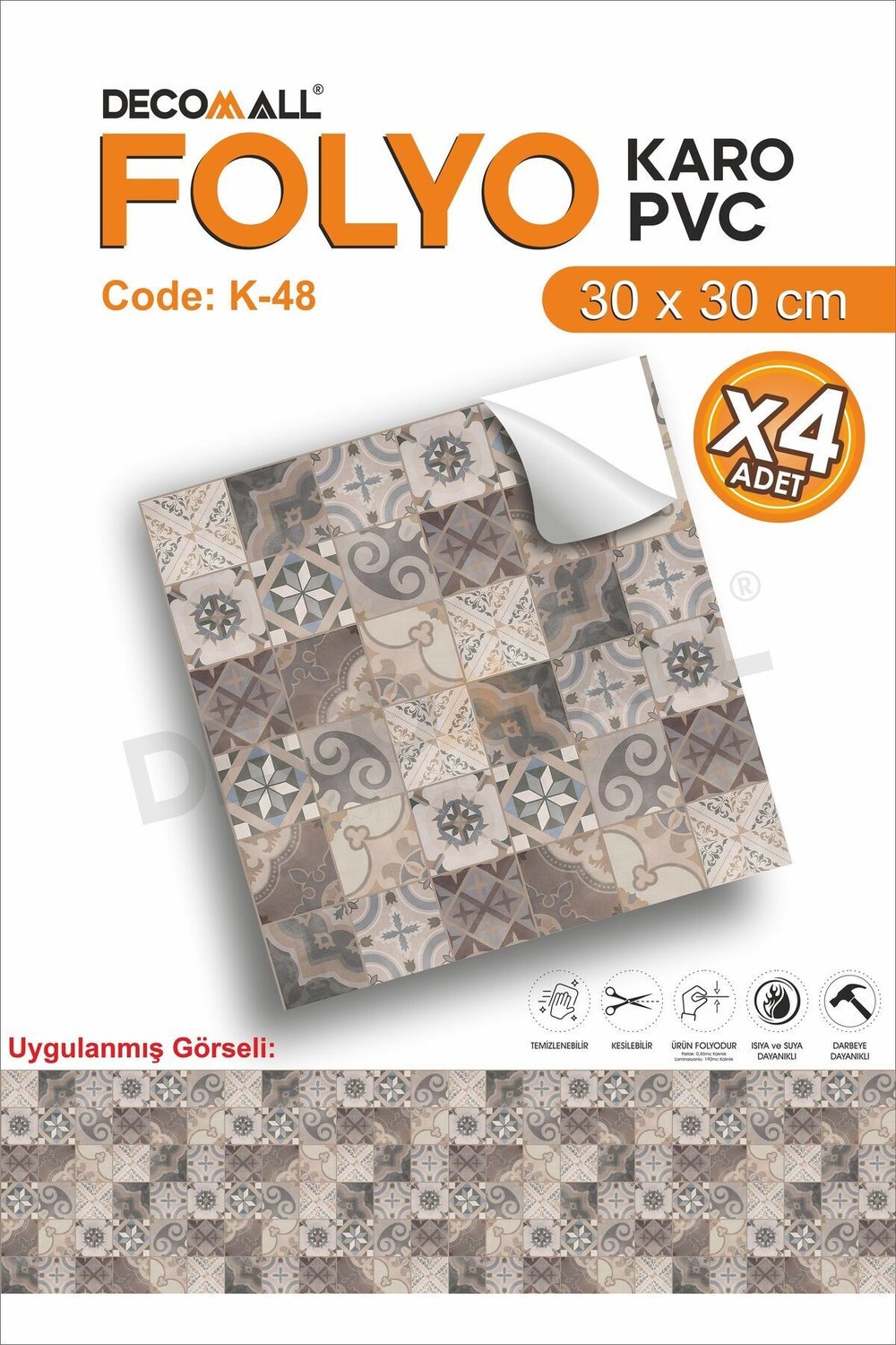 K-48 Kendinden Yapışkanlı FOLYO Suya Dayanıklı Mutfak Banyo Zemin Kaplama 30x30cm(Laminasyonlu)