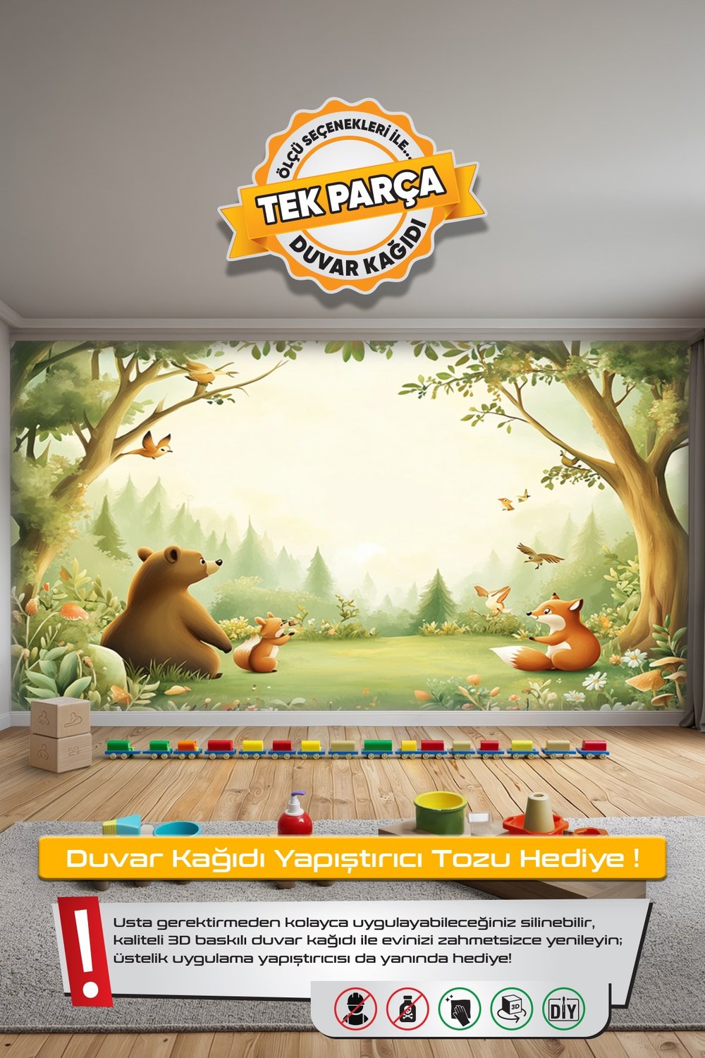 (Kids-33) Çocuk Bekek Genç Odası Tek Parça Duvar Kağıdı Kabartmalı 3D Görünümlü Yapışkan Hediyeli