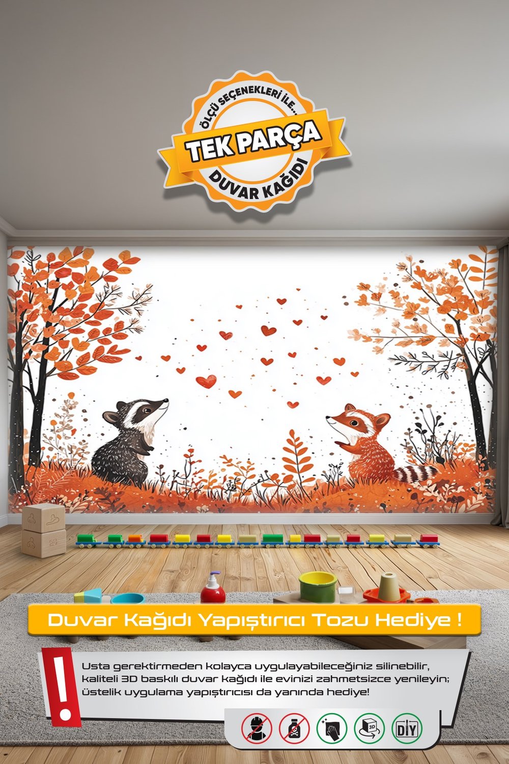 (Kids-43) Çocuk Bekek Genç Odası Tek Parça Duvar Kağıdı Kabartmalı 3D Görünümlü Yapışkan Hediyeli