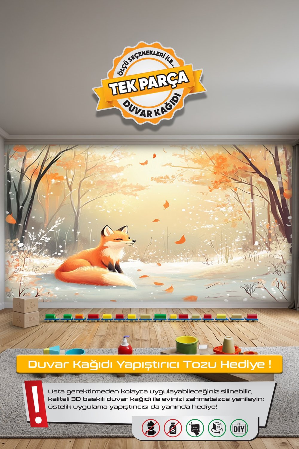 (Kids-44) Çocuk Bekek Genç Odası Tek Parça Duvar Kağıdı Kabartmalı 3D Görünümlü Yapışkan Hediyeli