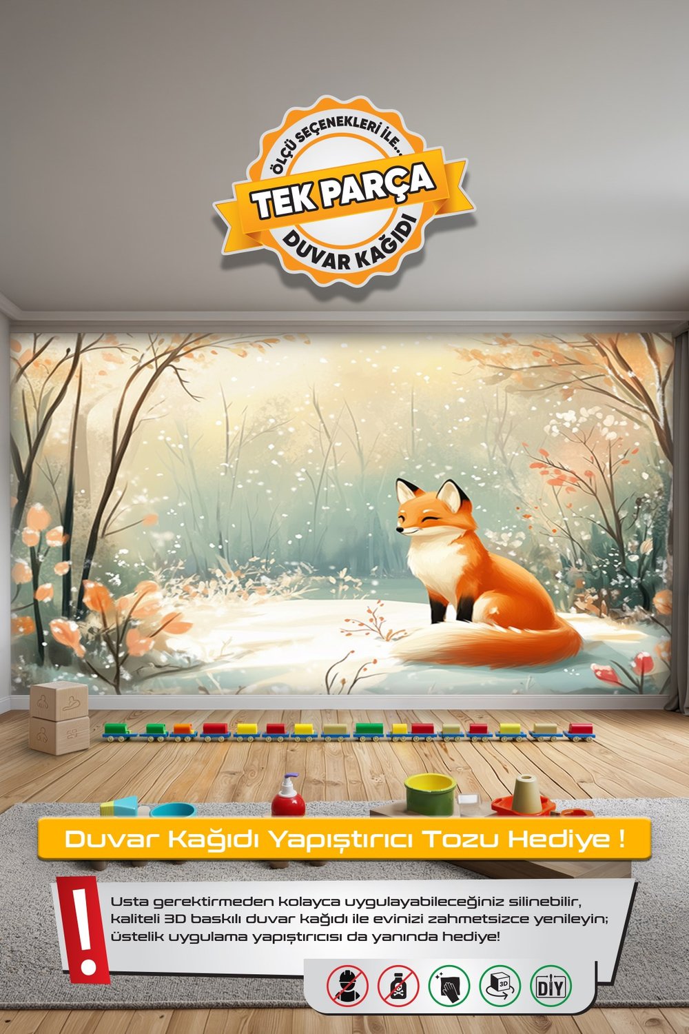 (Kids-45) Çocuk Bekek Genç Odası Tek Parça Duvar Kağıdı Kabartmalı 3D Görünümlü Yapışkan Hediyeli