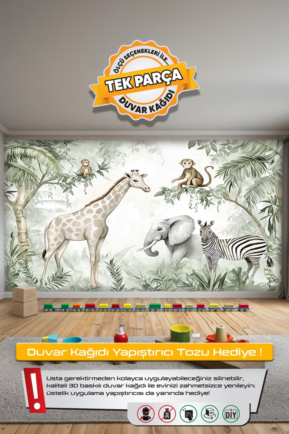 (Kids-6) Çocuk Bekek Genç Odası Tek Parça Duvar Kağıdı Kabartmalı 3D Görünümlü Yapışkan Hediyeli