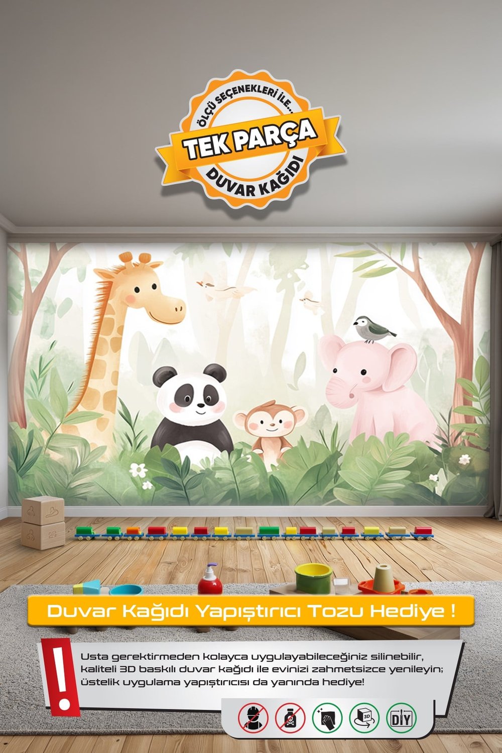 (Kids-8) Çocuk Bekek Genç Odası Tek Parça Duvar Kağıdı Kabartmalı 3D Görünümlü Yapışkan Hediyeli