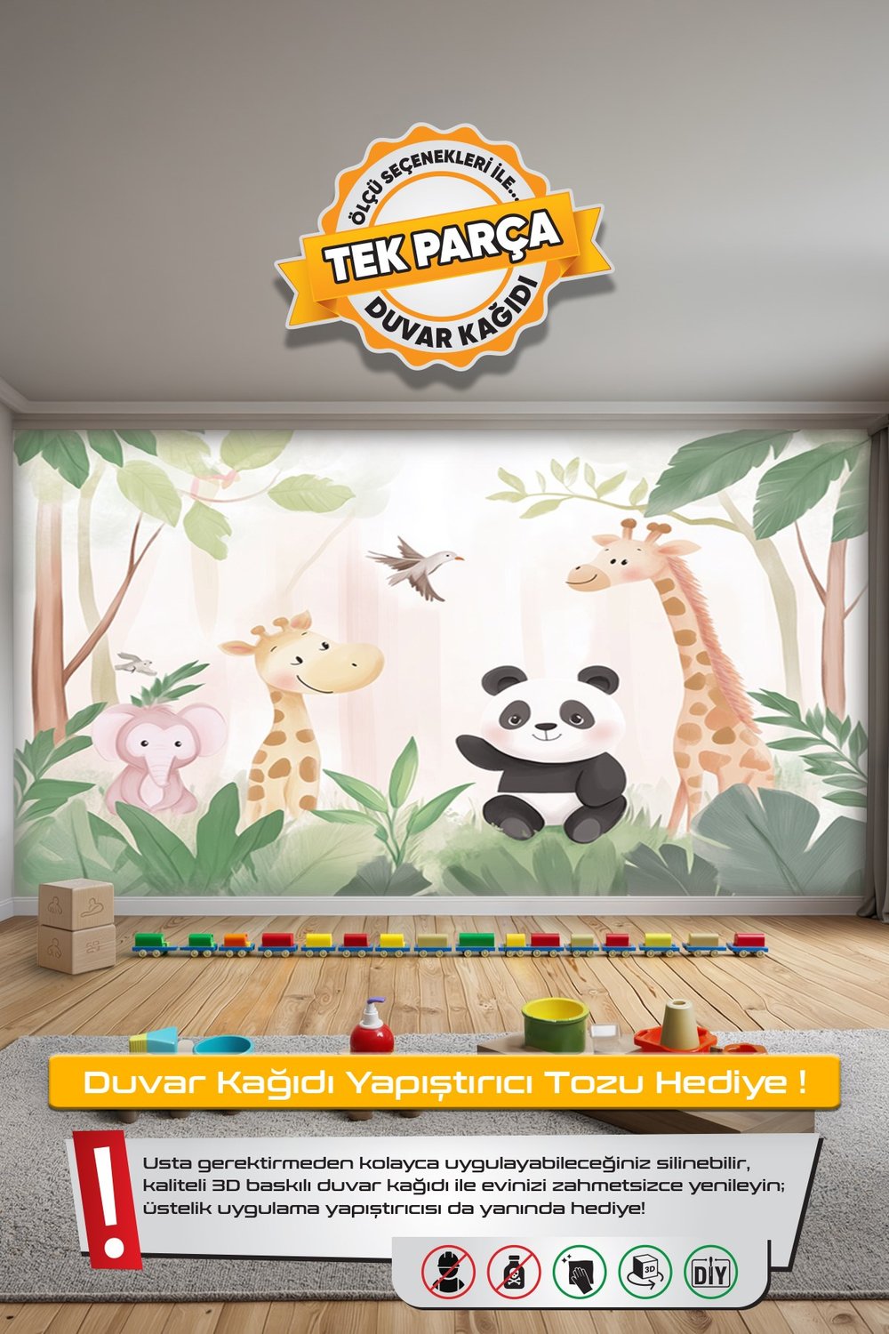 (Kids-9) Çocuk Bekek Genç Odası Tek Parça Duvar Kağıdı Kabartmalı 3D Görünümlü Yapışkan Hediyeli