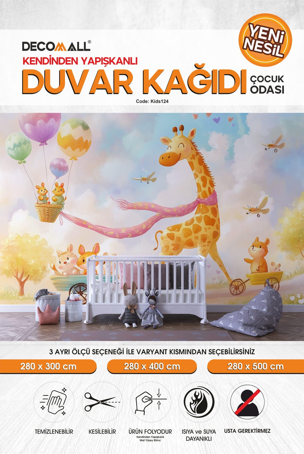 kids124 Yeni Nesil Kendinden Yapışkanlı Çocuk Odası Duvar Kağıdı Duvar Posteri Yapışkanlı 