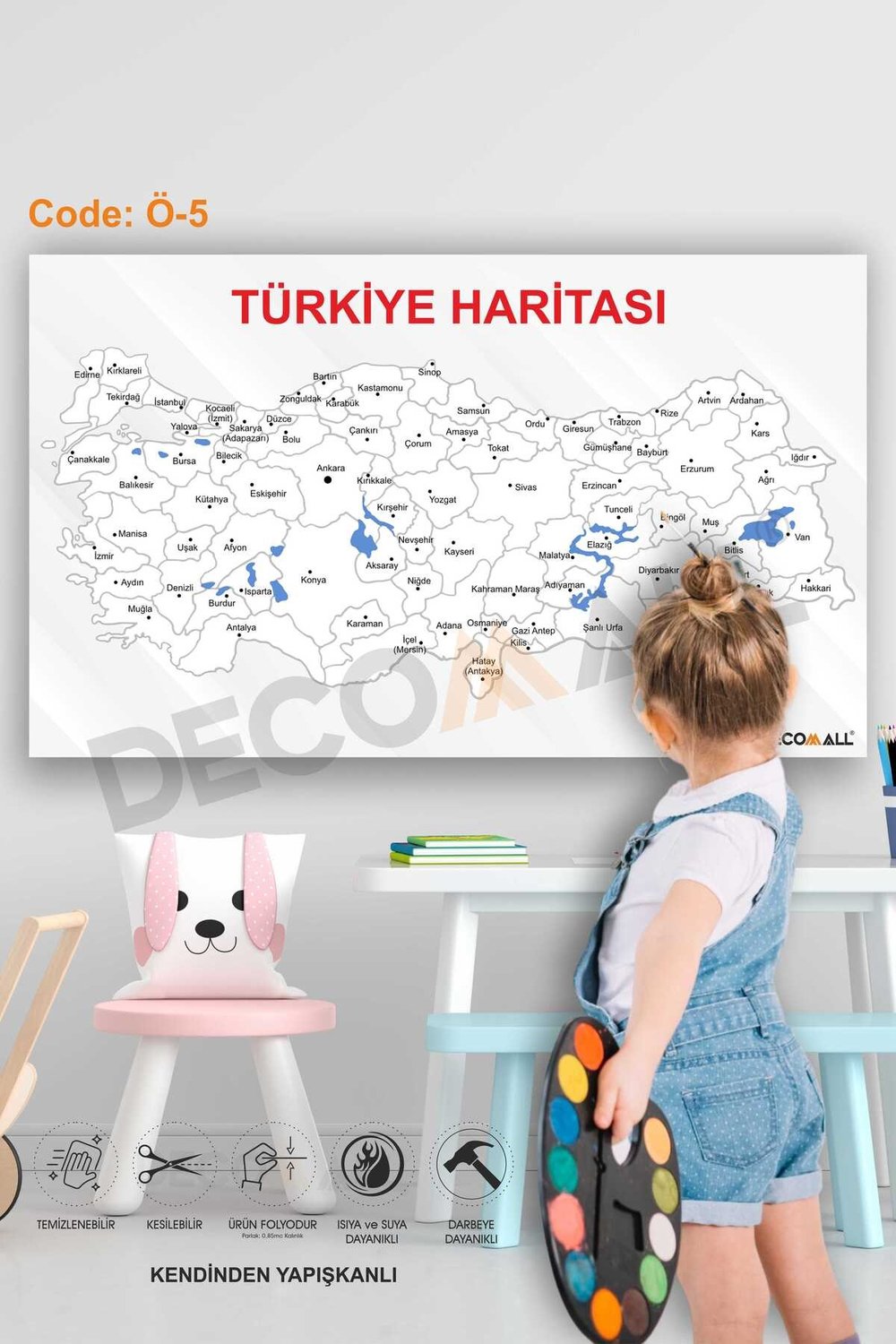 Ö-5 Türkiye Haritası Boyanabilir Eğitici Ve Öğretici Çocuk Odası Duvar Sticker Kendinden Yapışkanlı