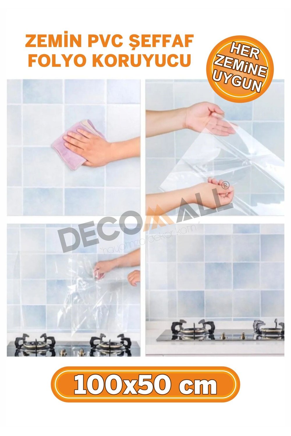 ŞEFFAF (50x100cm) Mutfak Tezgah Arası Koruma Folyosu Masa Koruma Folyosu DolapKoruma