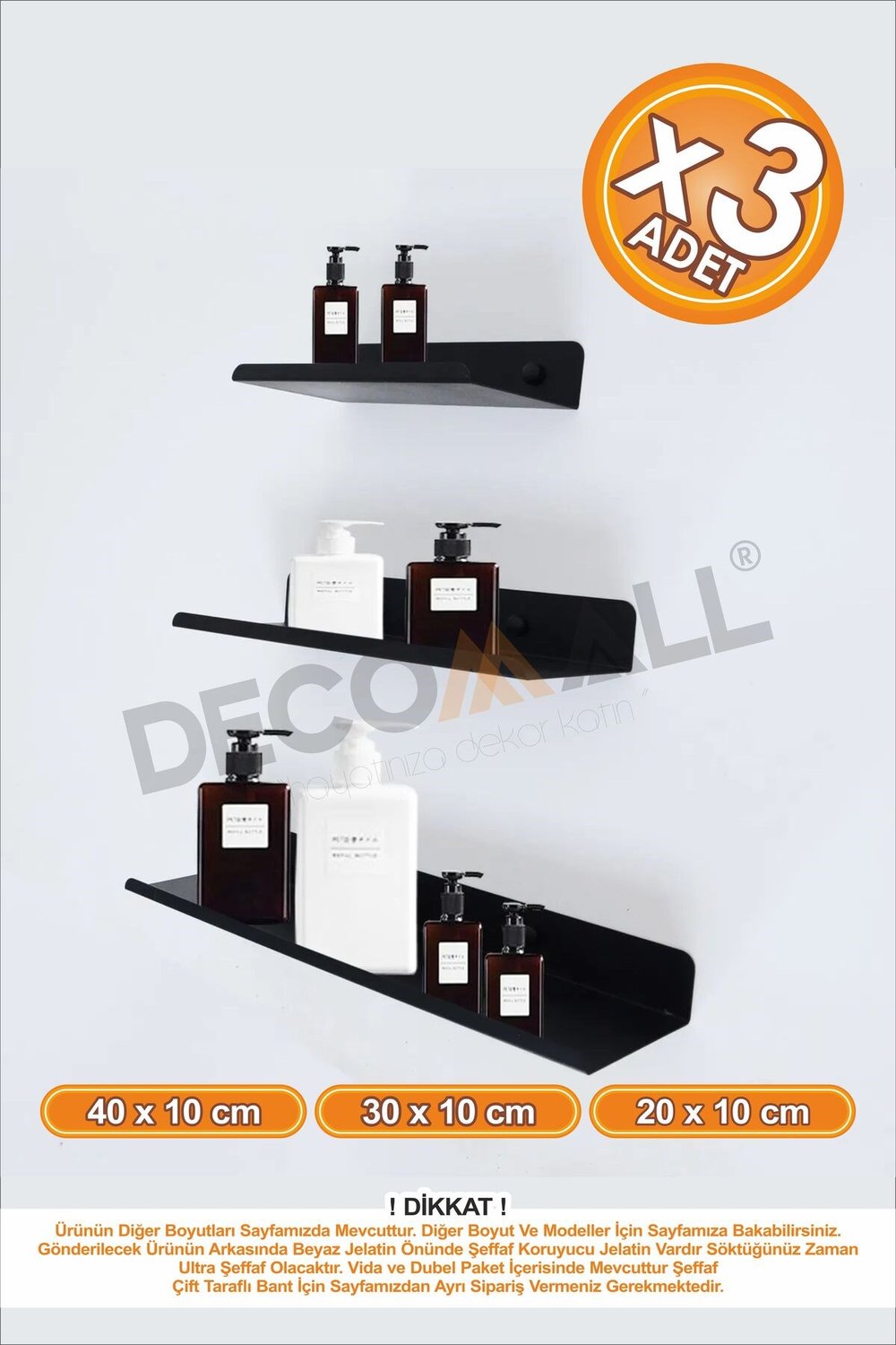 Siyah 3lü Set 40x10 30x10 20x10 cm Banyo Duvar Baharatlık Düzenleyici Raf Çok Amaçlı
