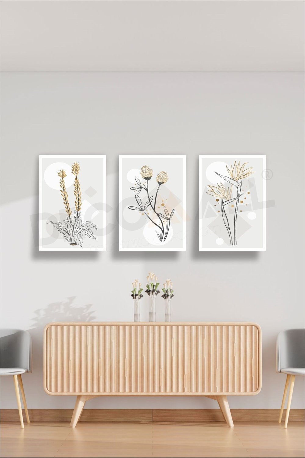 T-2 (75x50cm) 3 Parça Çerçeve Görünümlü Dekoratif Bohem Duvar Poster Seti Kendinden Yapışkanlı Folyo