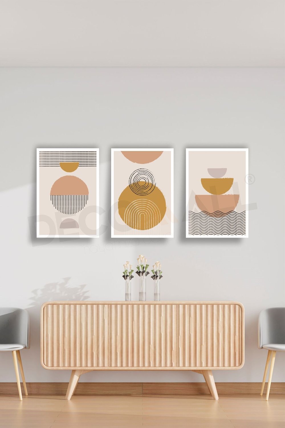 T-8 (50x30cm) 3 Parça Çerçeve Görünümlü Dekoratif Bohem Duvar Poster Seti Kendinden Yapışkanlı Folyo