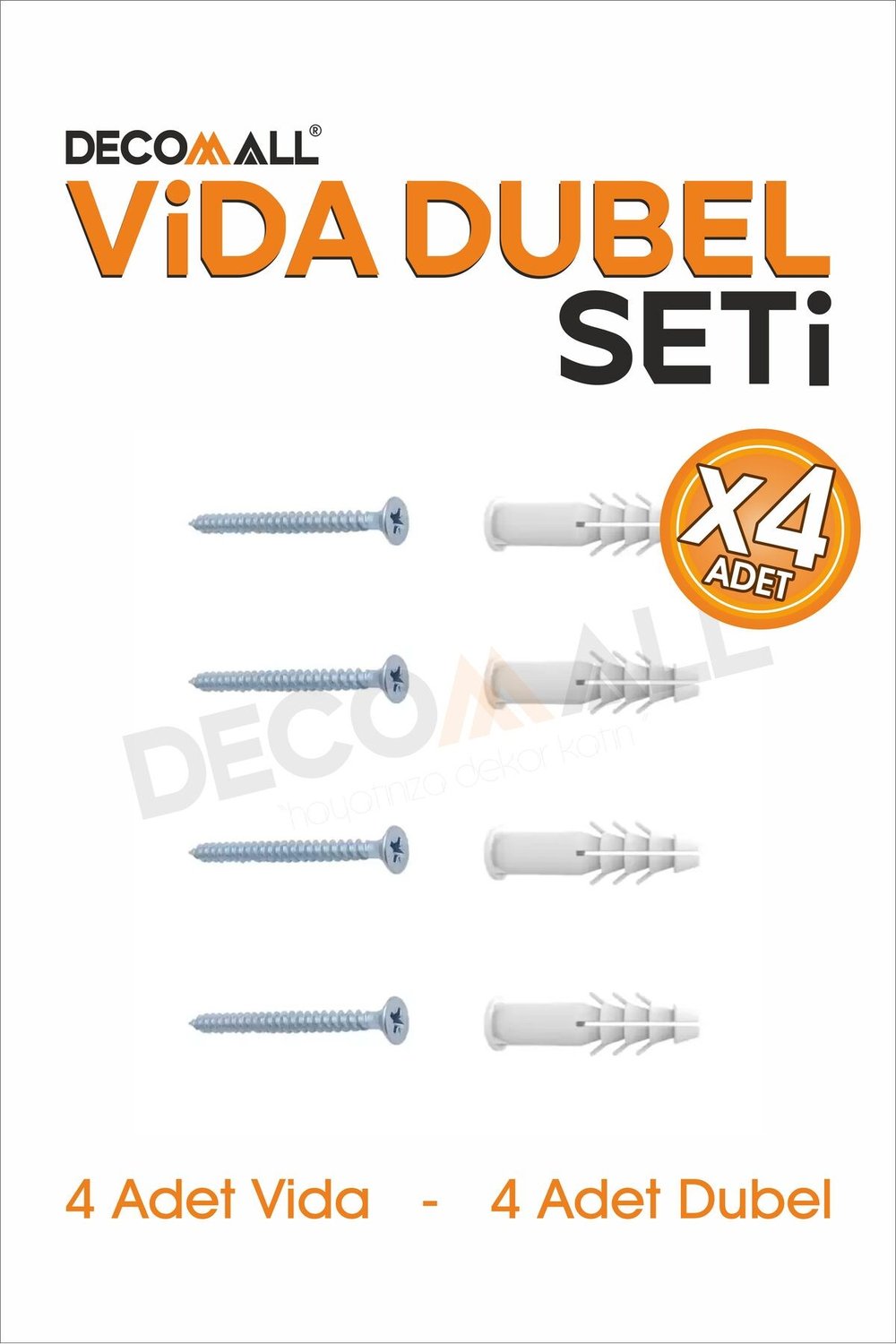 VİDA DUBEL SETİ 4 ADET VİDA 4 ADET DUBEL YILDIZ BAŞLI Vida vida ve dubel seti TR Gıda ile temas için