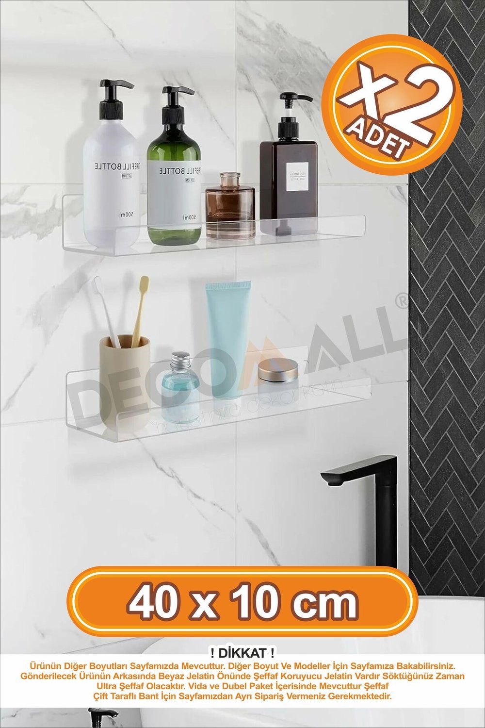 x2 Adet 40 x 10 cm Pleksi Hayalet Raf Duvar Banyo Baharatlık Düzenleyici Raf Çok Amaçlı