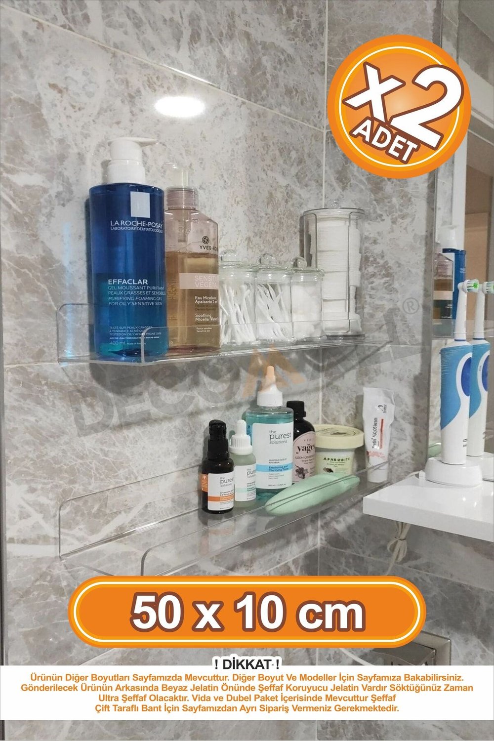 x2 Adet 50 x 10 cm Pleksi Hayalet Raf Duvar Banyo Baharatlık Düzenleyici Raf Çok Amaçlı