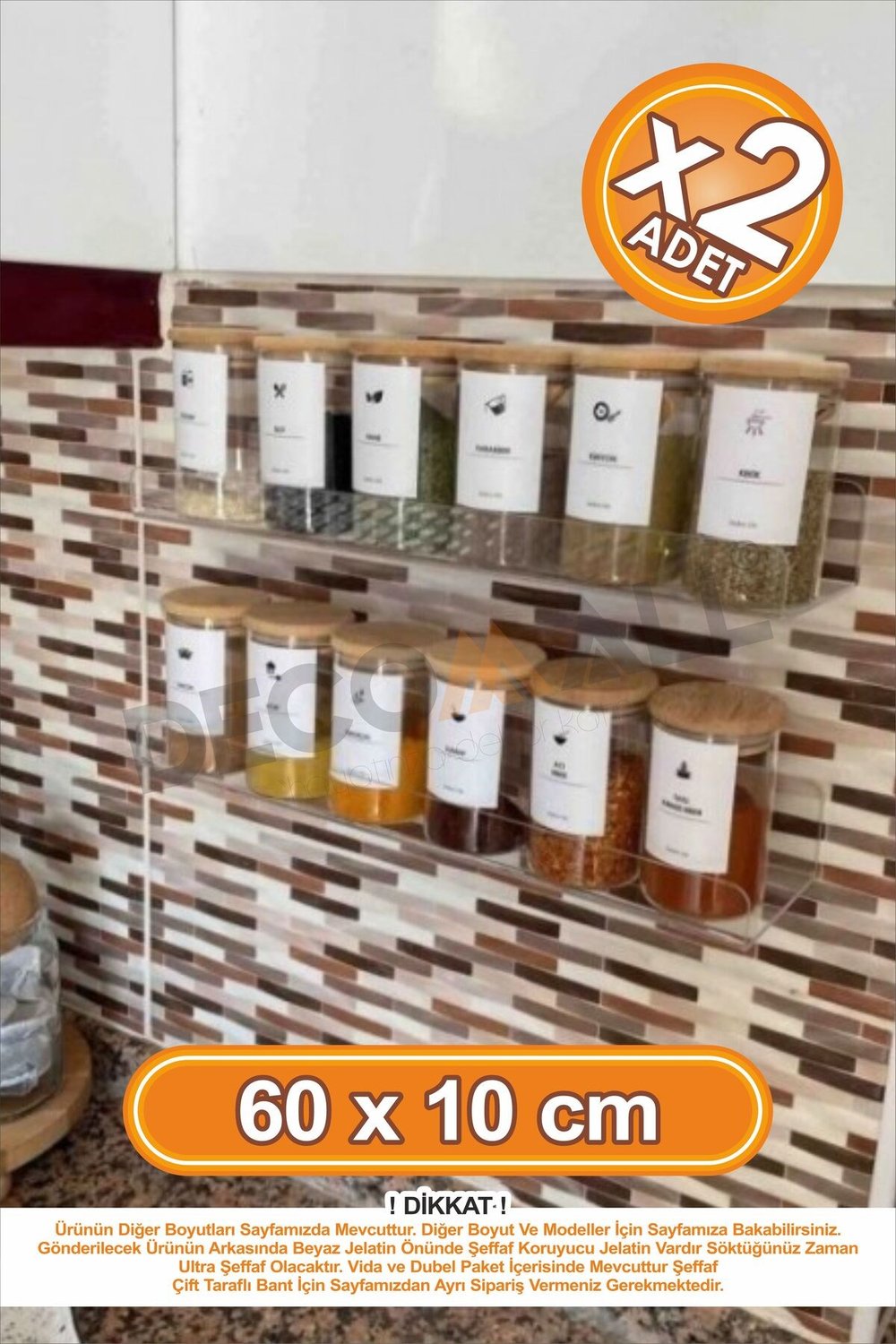 x2 Adet 60 x 10 cm Pleksi Hayalet Raf Duvar Banyo Baharatlık Düzenleyici Raf Çok Amaçlı