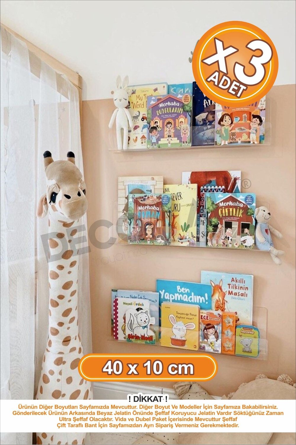 x3 Adet 40 x 5 cm Kitaplık Duvar Rafı Kitap Rafı Pleksi Hayalet Raf Duvar Düzenleyici