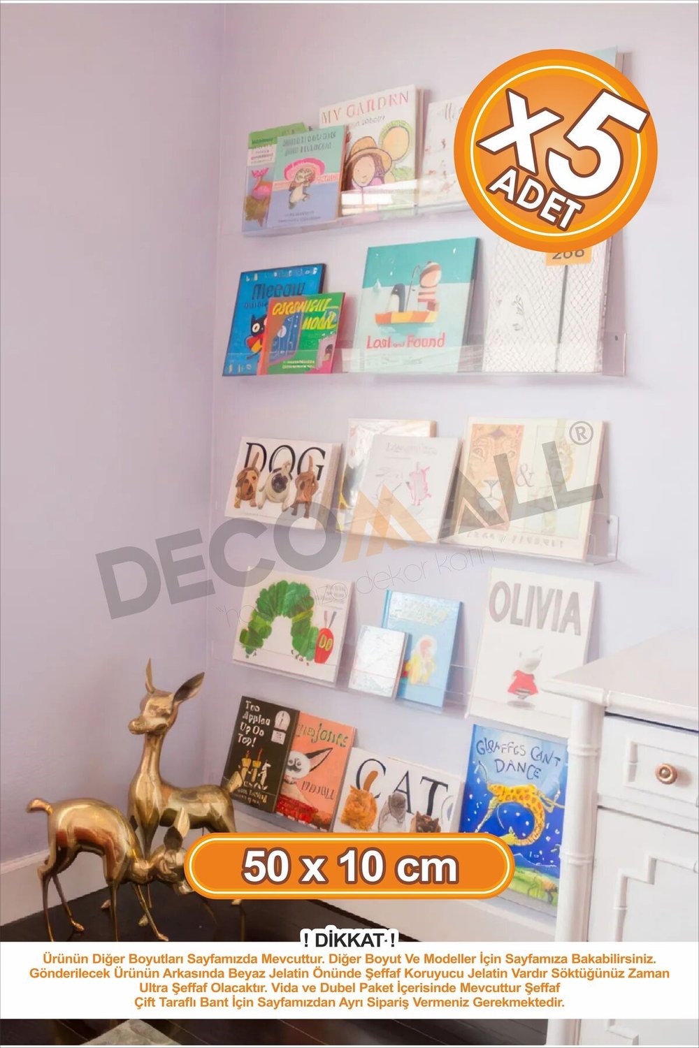 x5 Adet 50 x 5 cm Kitaplık Duvar Rafı Kitap Rafı Pleksi Hayalet Raf Duvar Düzenleyici