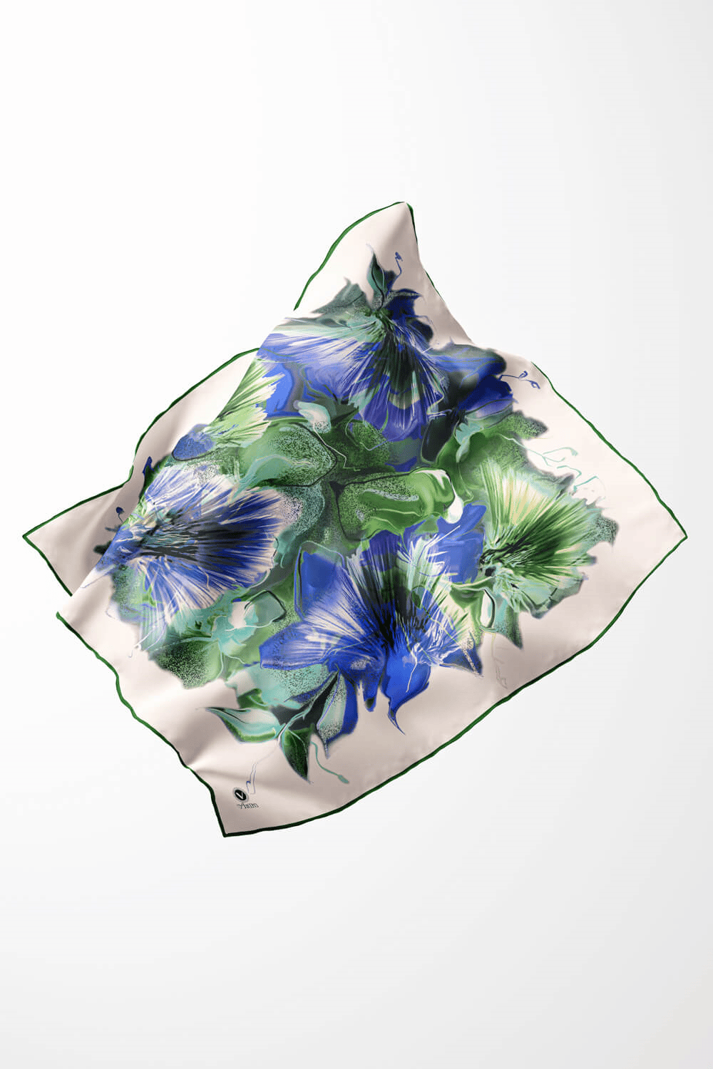 Twill Çiçek Desenli Zümrüt Yeşili - Saks Renkli 90x90 Eşarp (İpek İçermez) Kenar Dikiş Şekli El Dikişli