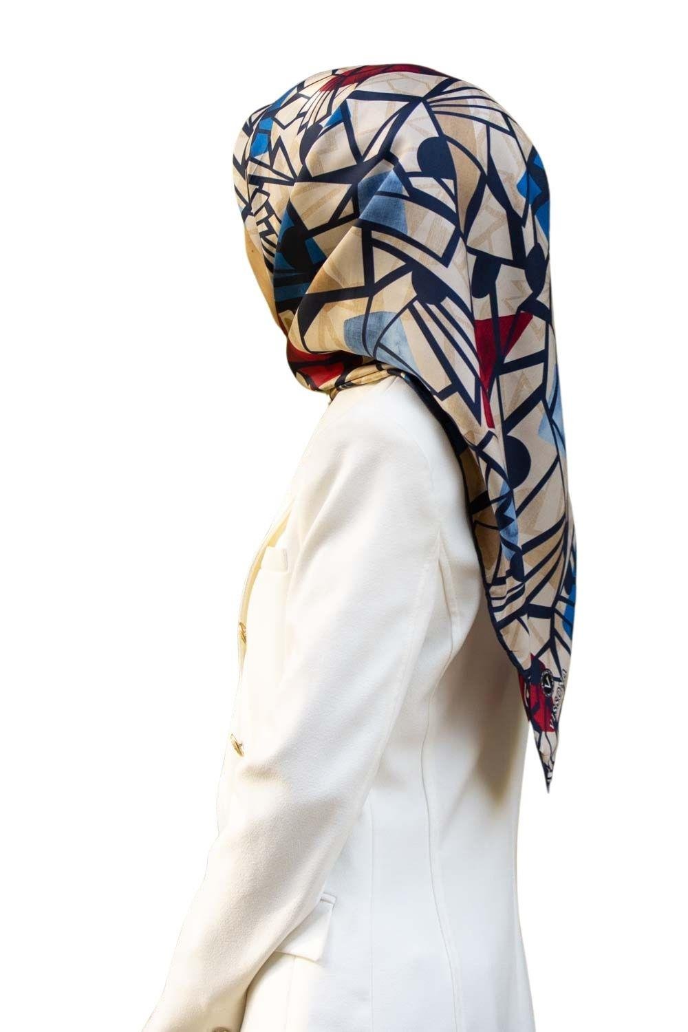 %100 Twill Renkli Petek Desenli Mavi - Kırmızı Renkli 90x90 Eşarp Dikim Şekli: El Dikişii