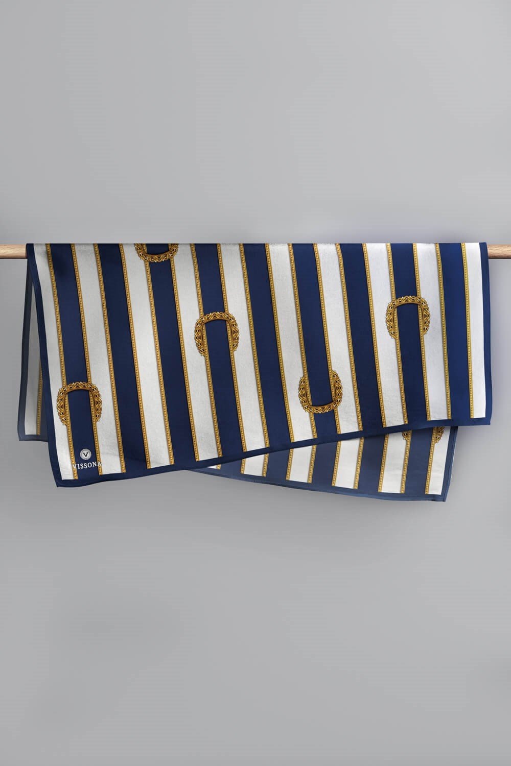 %100 Twill İpek Kemer Desenli Lacivert - Krem Renkli 90x90 Eşarp Dikim Şekli : El Dikişi