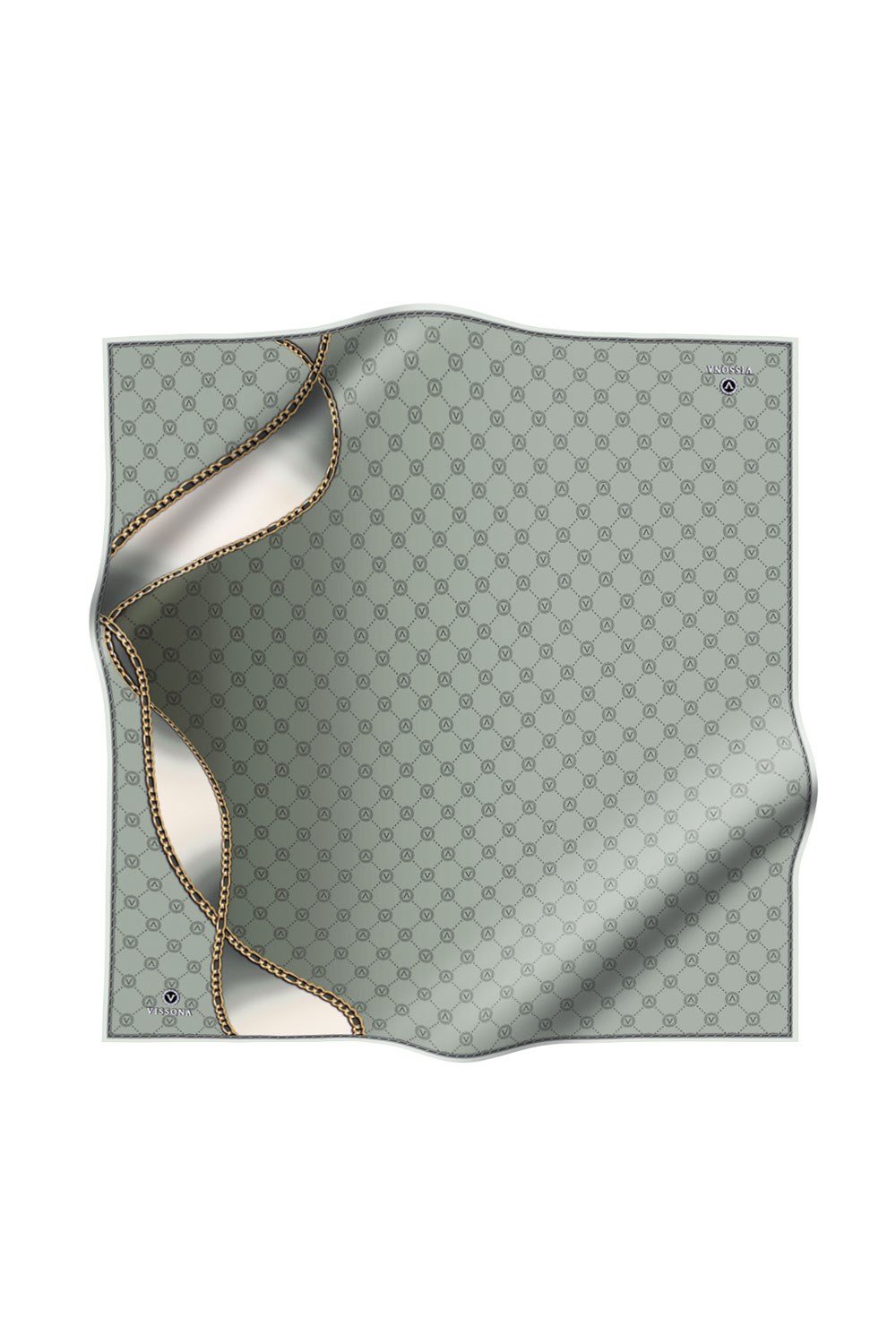 %100 Twill İpek Zincirli Ve Monogram Desenli Çağla Renkli 90x90 Eşarp Dikim Şekli : El Dikişi