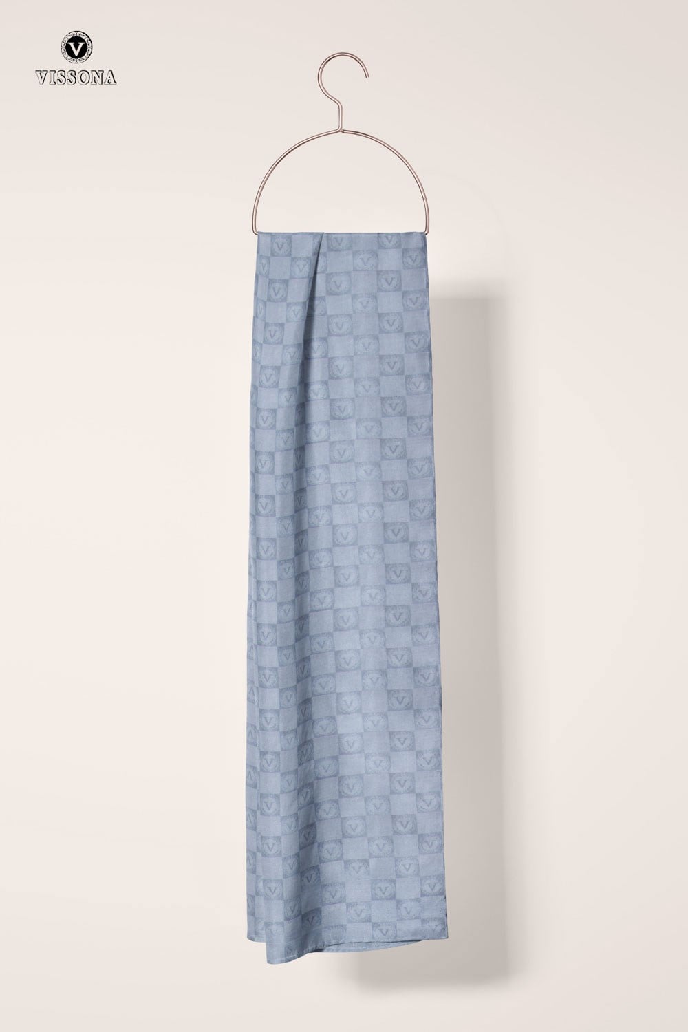 Vissona %57 İPEK %43 PAMUK Monogram Desenli Gümüş Renkli Şal -  70x190 Dikiş Tipi İtalyan Dikişli