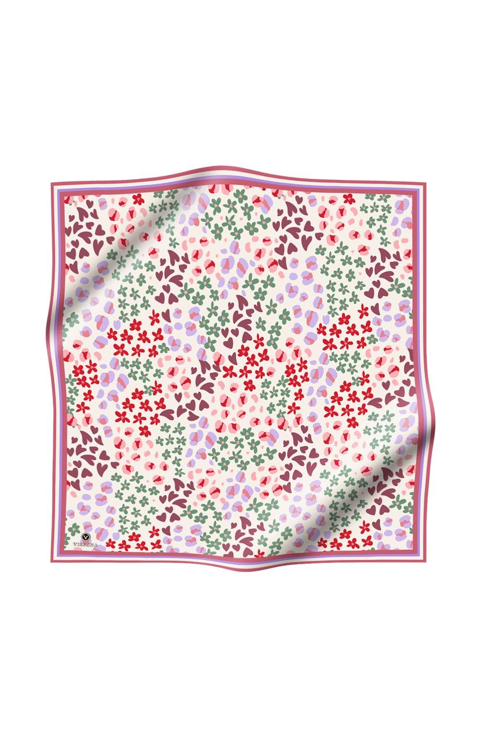 %100 Twill İpek Kalpli Leopar Desenli Gül Kurusu - Lila Renkli 90x90 Eşarp Dikim Şekli : El Dikişi