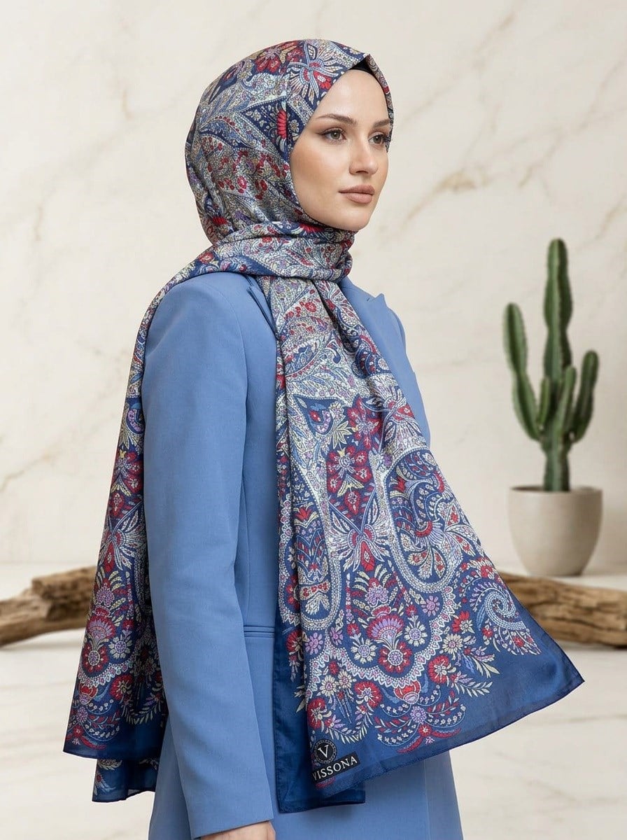 100% İpek Etro Desenli Lacivert - Kırmızı Renkli 92x210 Şal
