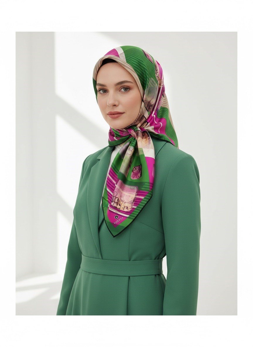 %100 Twill İpek Geometrik Desenli Zümrüt Yeşili - Fuşya Renkli 90x90 Eşarp Dikim Şekli : El Dikişi