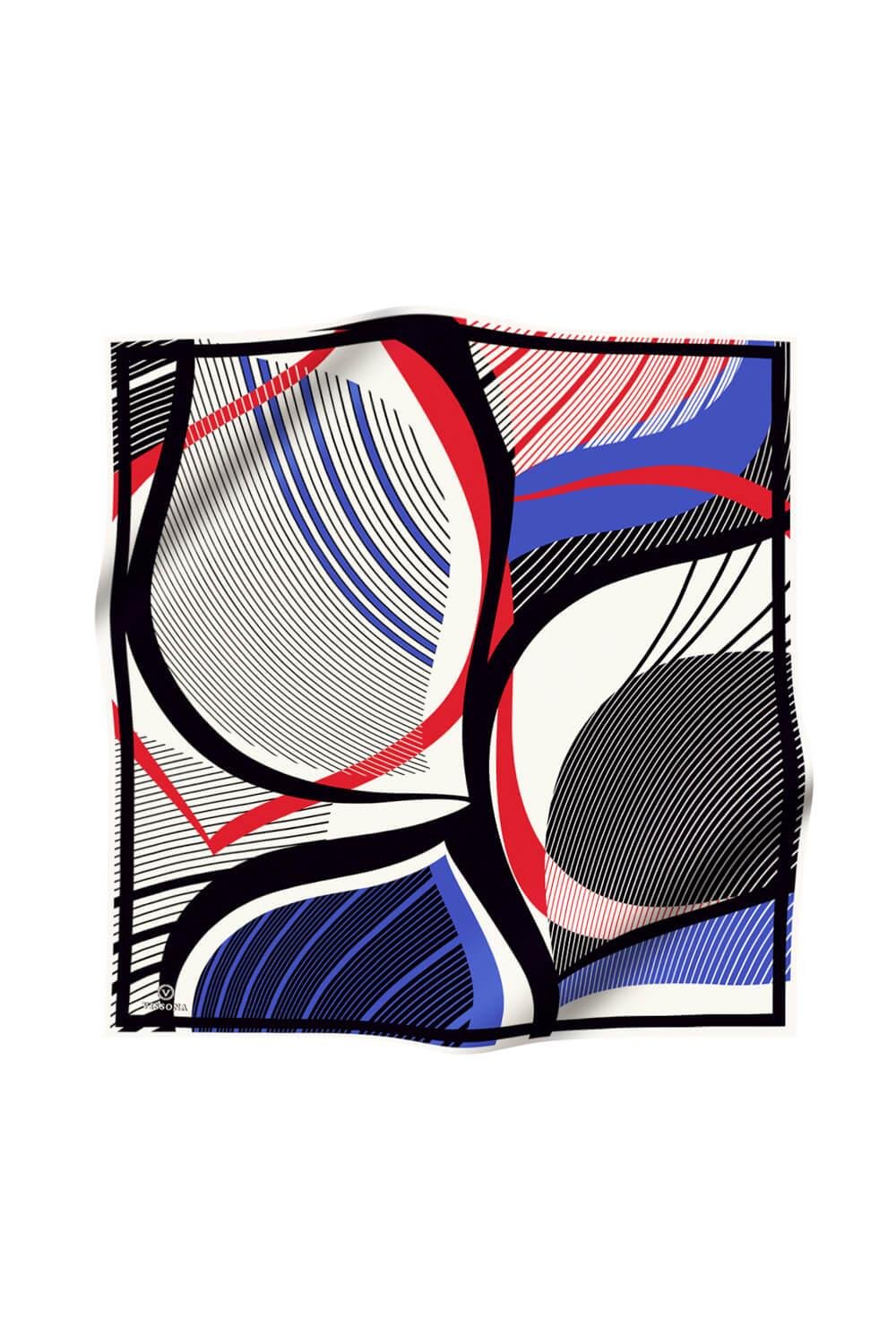 %100 Twill İpek Çizgili Geometrik Desenli Beyaz - Saks Renkli 90x90 Eşarp Dikim Şekli : El Dikişi