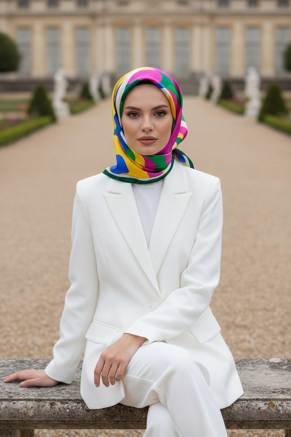 %100 Twill İpek Geometrik Desenli Zümrüt Yeşili - Fuşya Renkli 90x90 Eşarp Dikim Şekli : El Dikişi