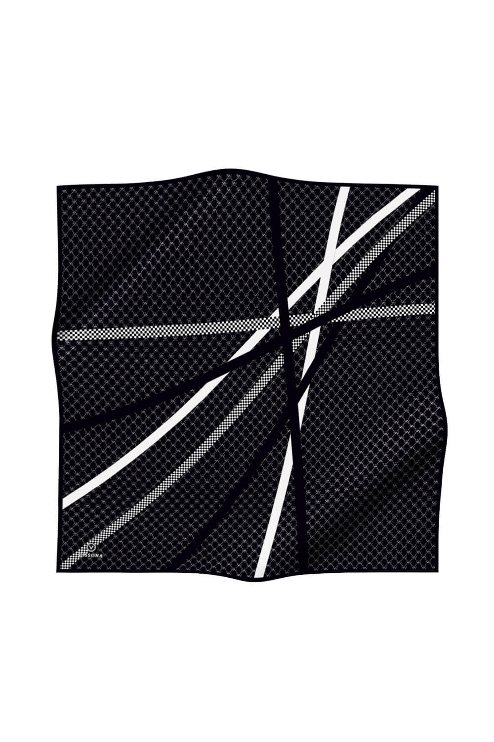 %57 İPEK %43 VİSKON Twill İpek Monogram Ve Şerit Desenli Siyah - Krem Renkli 90x90 Eşarp Dikim Şekli : El Dikişi