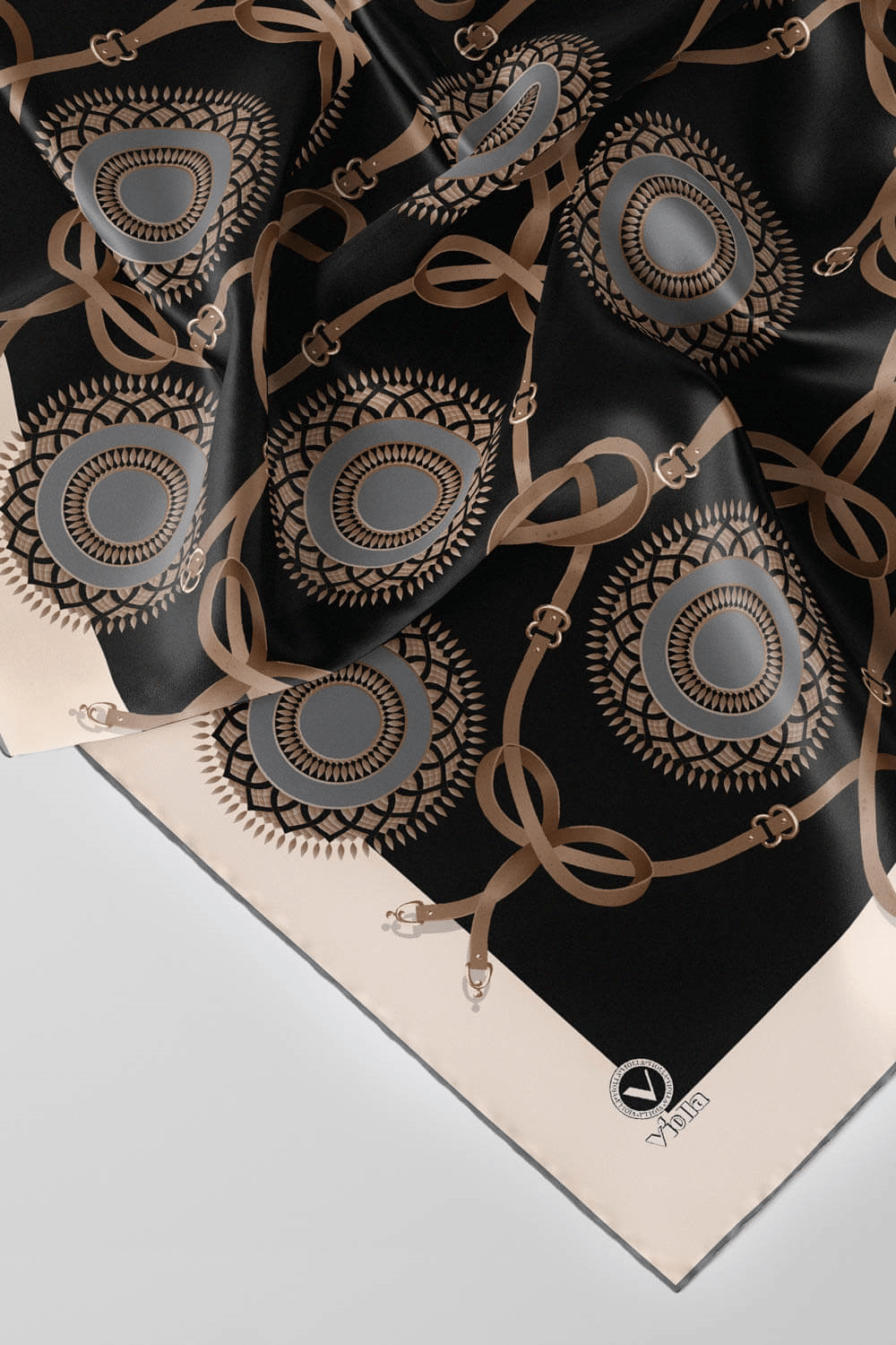 Twill Kemerli Ve Geometrik Desenli Gri Renkli 90x90 Eşarp (İpek İçermez) Kenar Dikiş Şekli El Dikişli