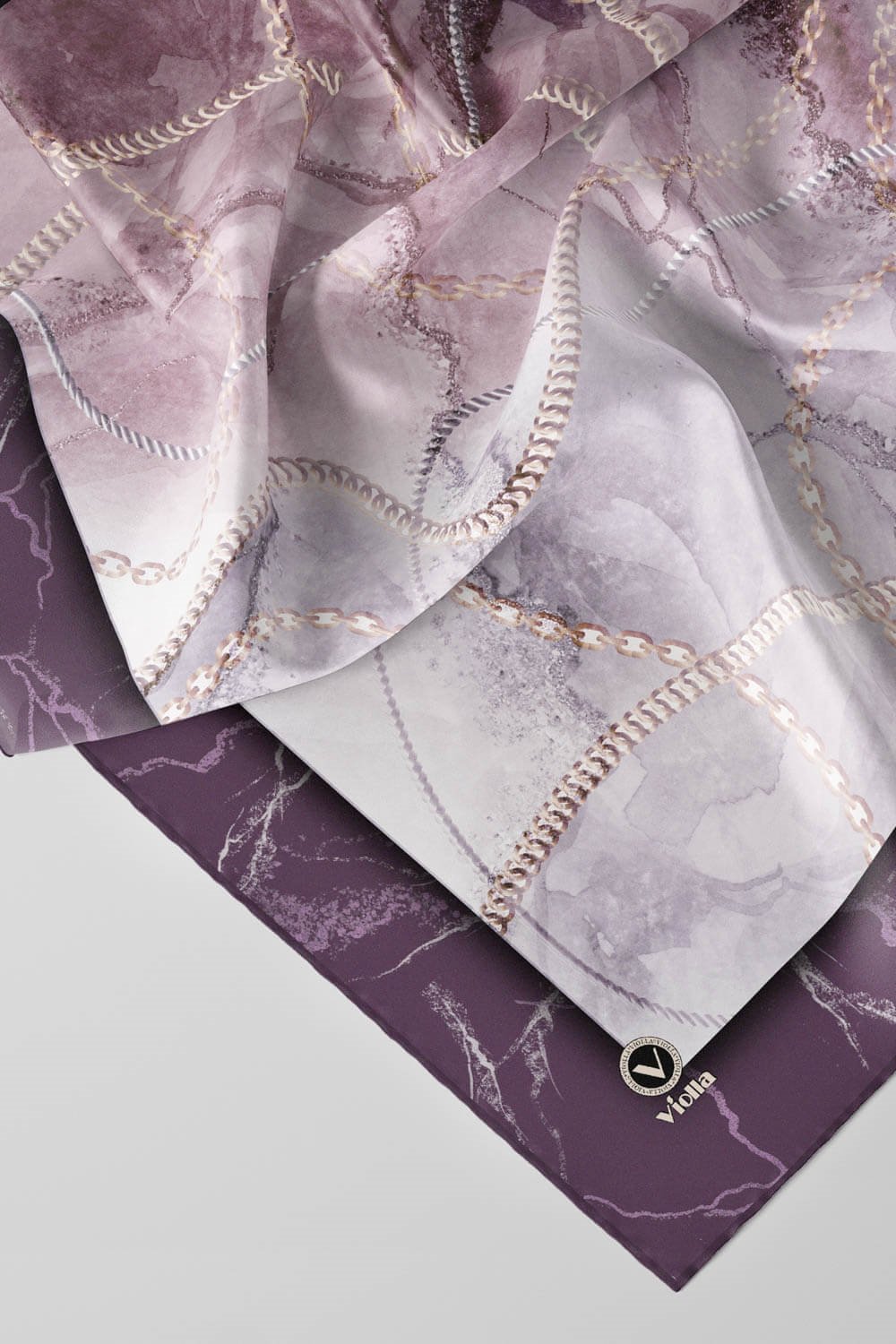 Twill Mermer ve Zincir Desenli Mor Renkli 90x90 Eşarp (İpek İçermez) Kenar Dikiş Şekli El Dikişli