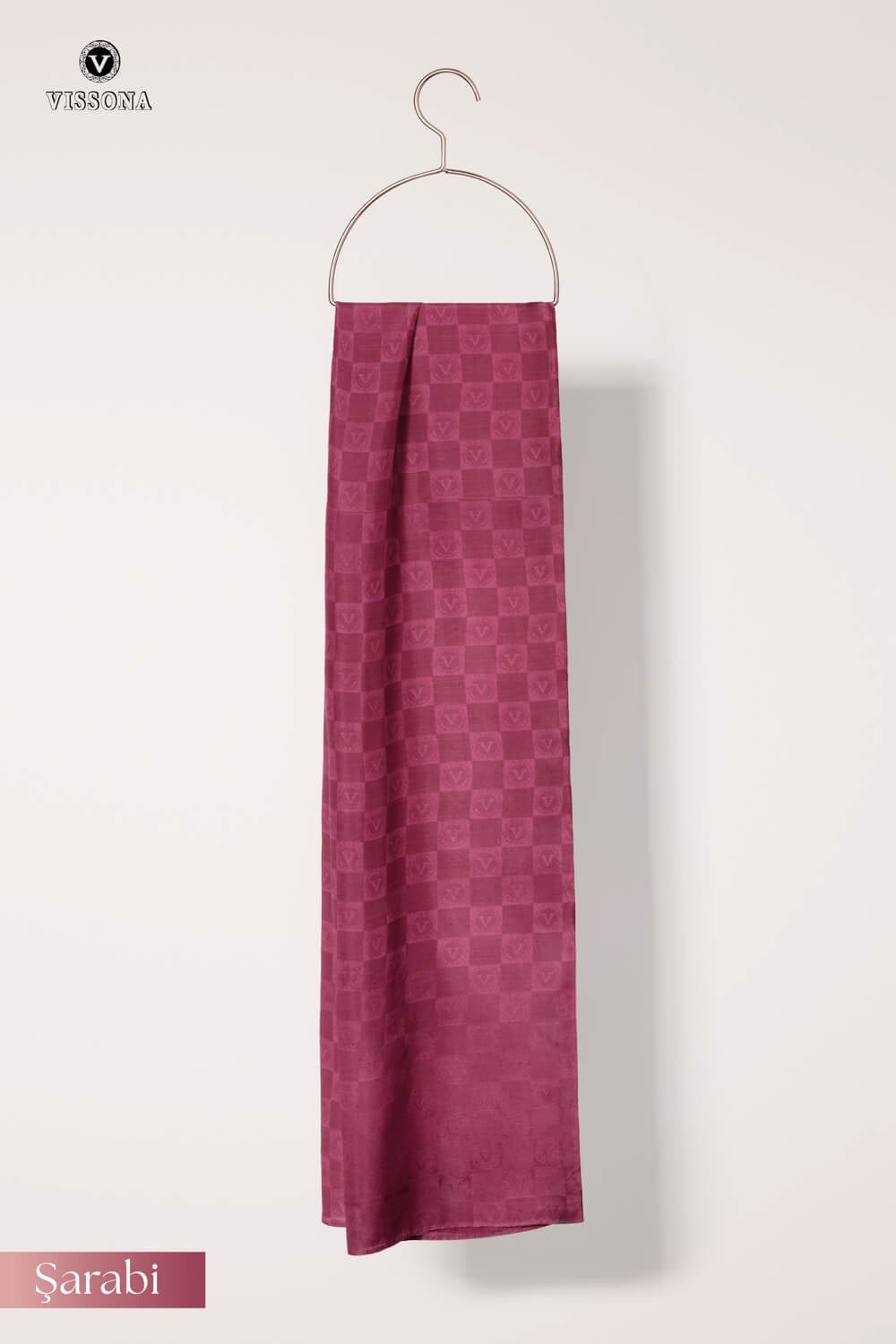 Vissona %57 İPEK %43 PAMUK Monogram Desenli Şarabi Renkli Şal -  70x190 Dikiş Tipi İtalyan Dikişli
