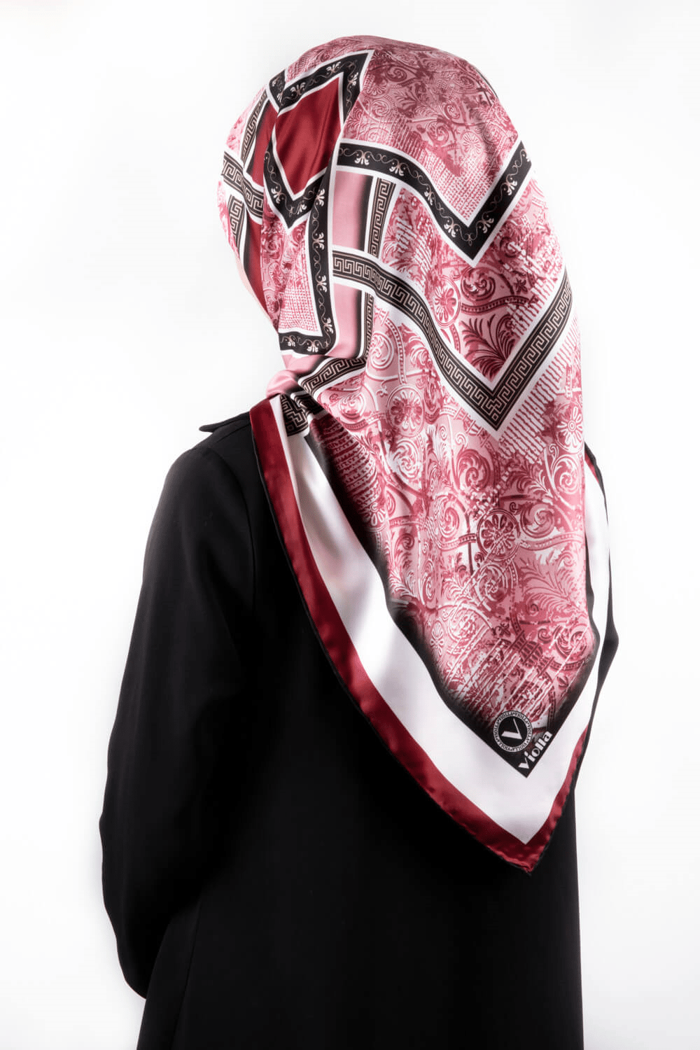 Twill Geometrik Desenli Bordo Renkli 90x90 Eşarp (İpek İçermez) Kenar Dikiş Şekli El Dikişli
