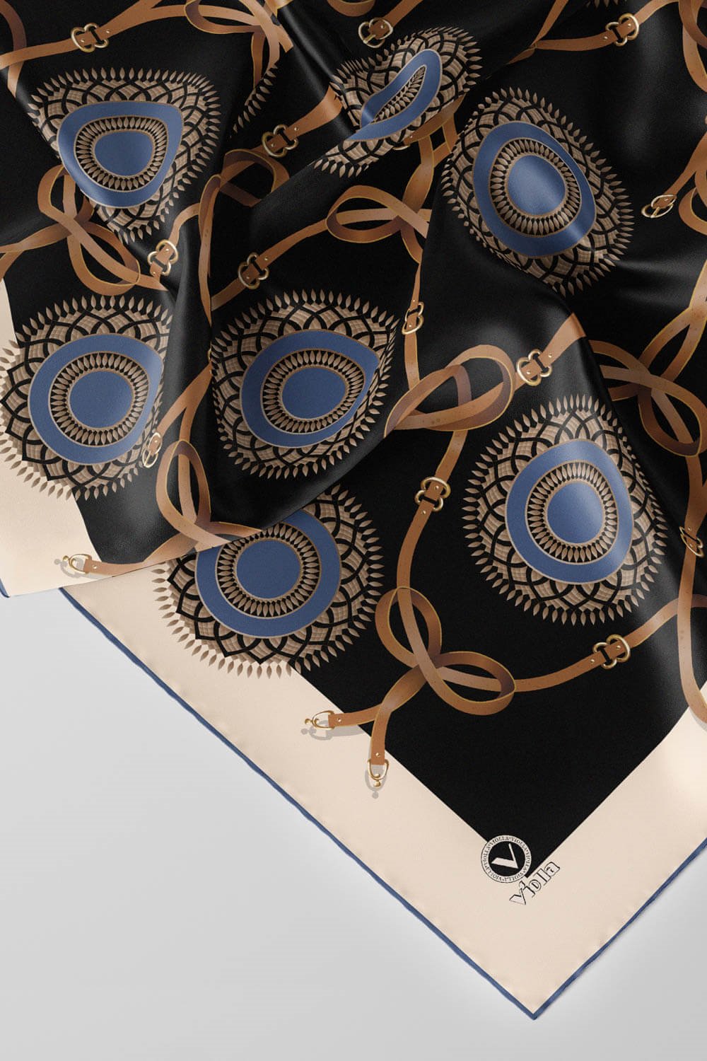 Twill Kemerli Ve Geometrik Desenli İndigo Renkli 90x90 Eşarp (İpek İçermez) Kenar Dikiş Şekli El Dikişli