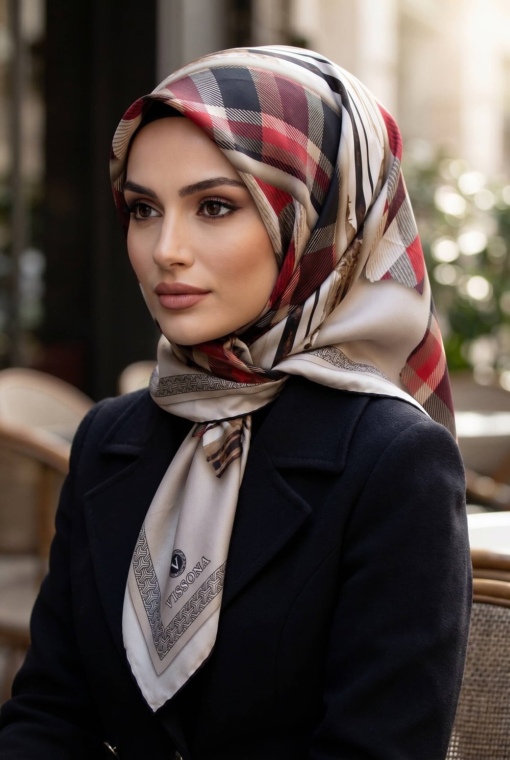 %100 Twill İpek Ekose Desenli Bej - Kırmızı Renkli 90x90 Eşarp Dikim Şekli : El Dikişi