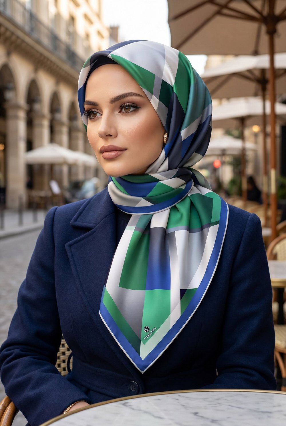 %100 Twill İpek Geometrik Desenli Zümrüt Yeşili - Saks Renkli 90x90 Eşarp Dikim Şekli : El Dikişi