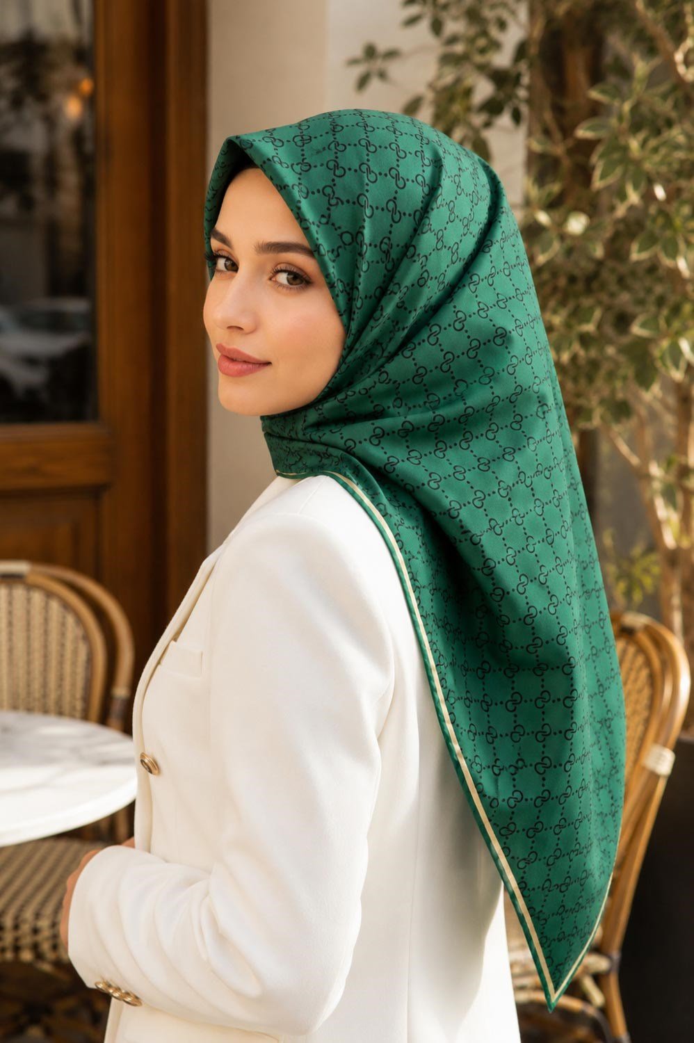 %57 İPEK %43 VİSKON Twill İpek Leopar Desenli Zümrüt Yeşili Renkli 90x90 Eşarp Dikim Şekli : El Dikişi