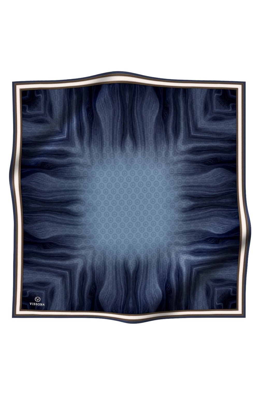 100% Twill İpek Monogram Desenli İndigo Renkli 90x90 Dikim Şekli : El Dikişi Eşarp