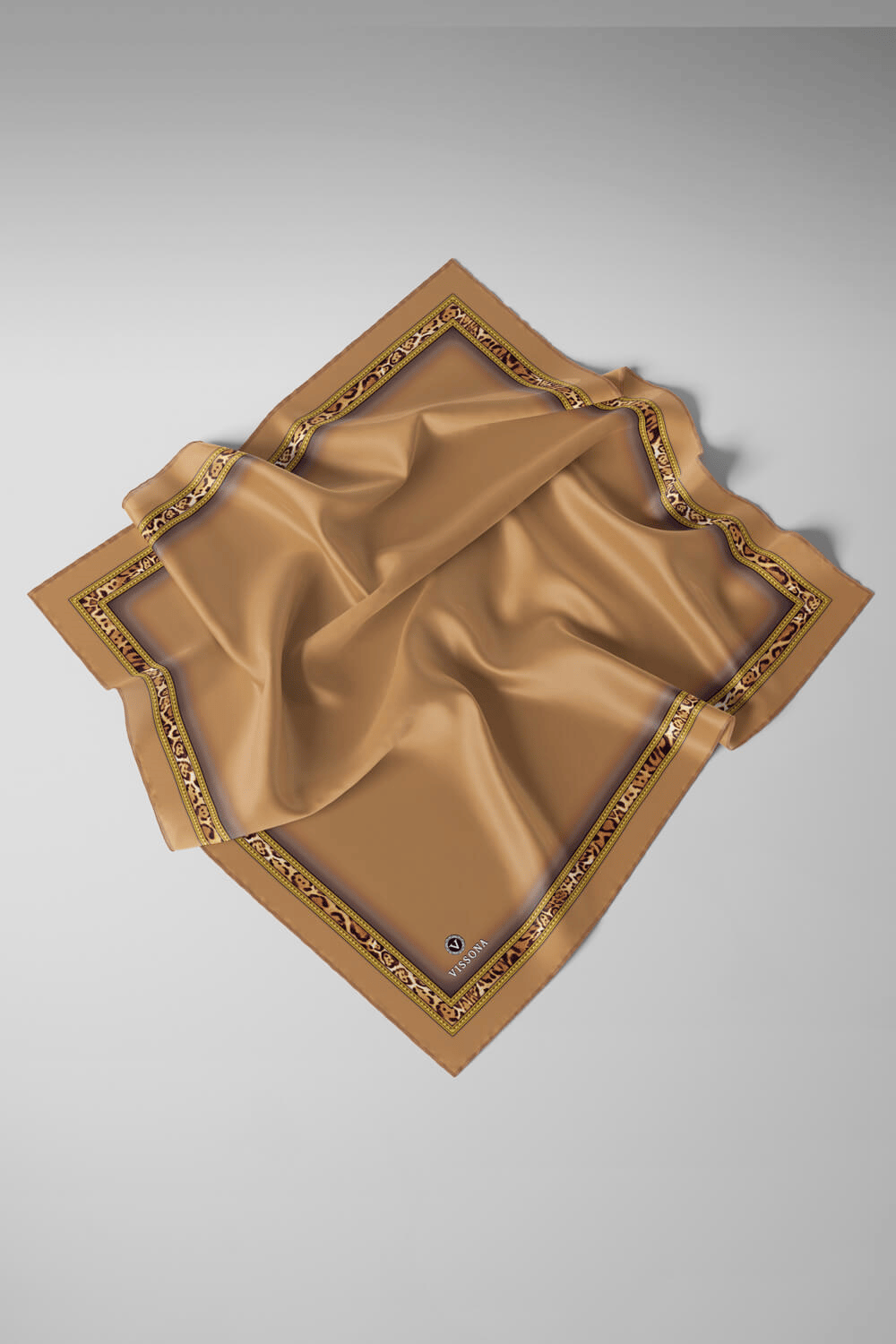 %100 Twill İpek Bordürü Leoparlı Düz Desenli Gold - Gold Renkli 90x90 Eşarp Dikim Şekli : El Dikişi
