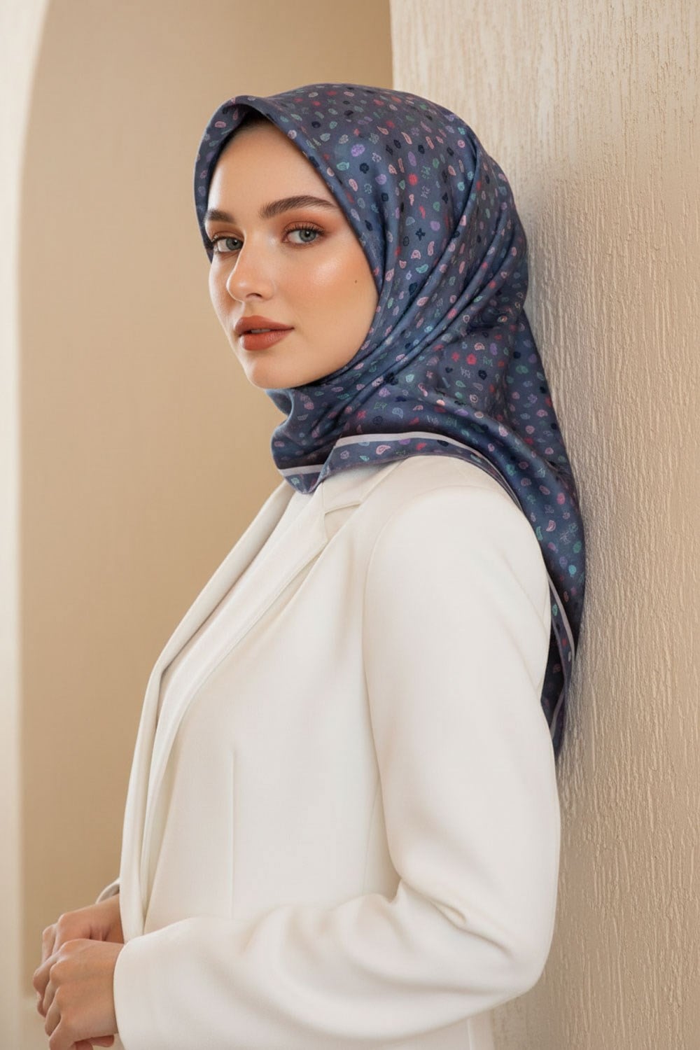 %100 Twill İpek Çıtır Desenli İndigo Renkli 90x90 Eşarp Dikim Şekli : El Dikişi